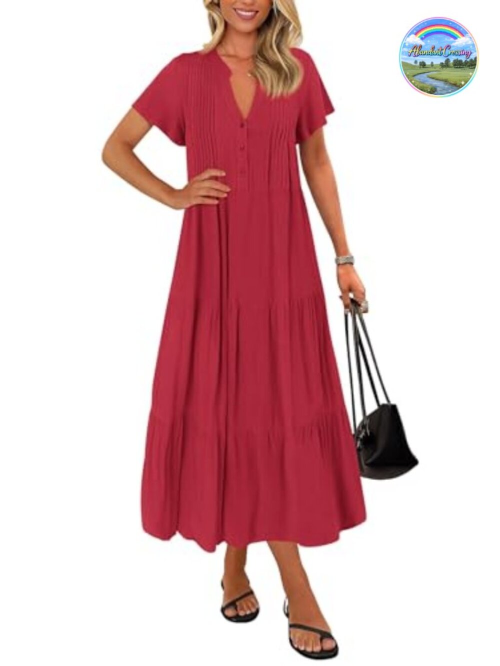 KIRUNDO Short Sleeve V-Neck Tiered Maxi Dress with Pockets
